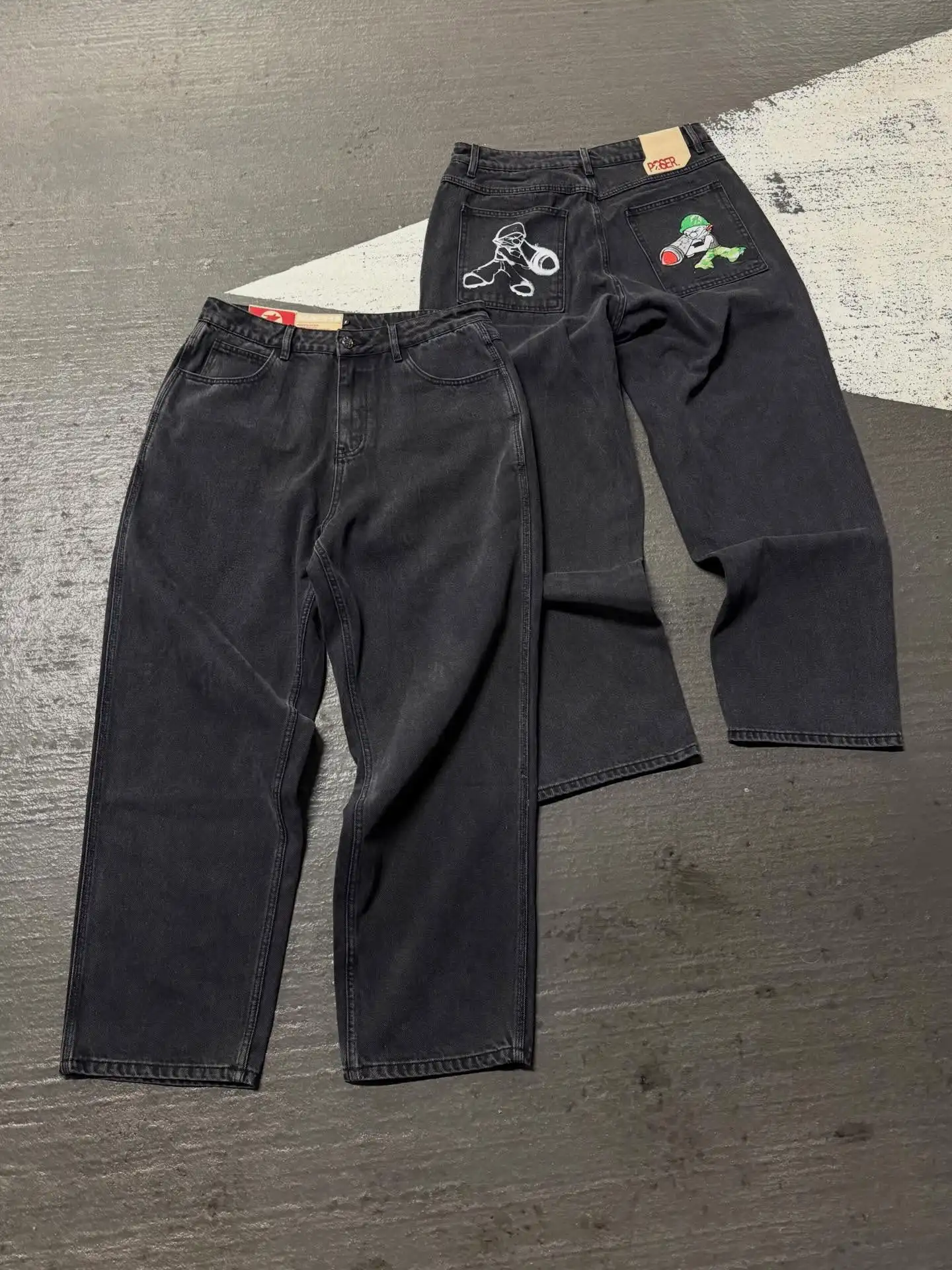 

Джинсы Y2K в стиле ретро, черные, свободного кроя, унисекс, с карманами с мультяшными персонажами, хип-хоп, уличная мода