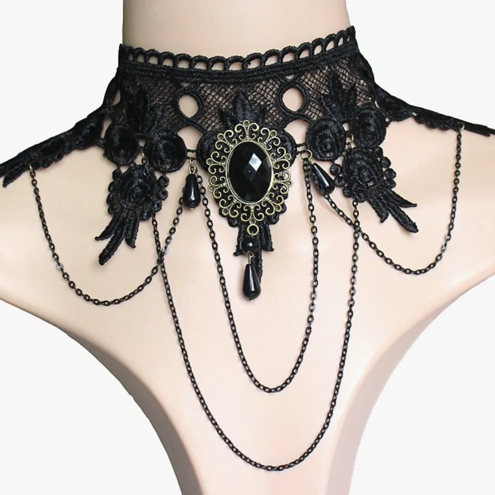 4pc Gothic Punk Teardrop Pendant Lace Bracelet Ring Set