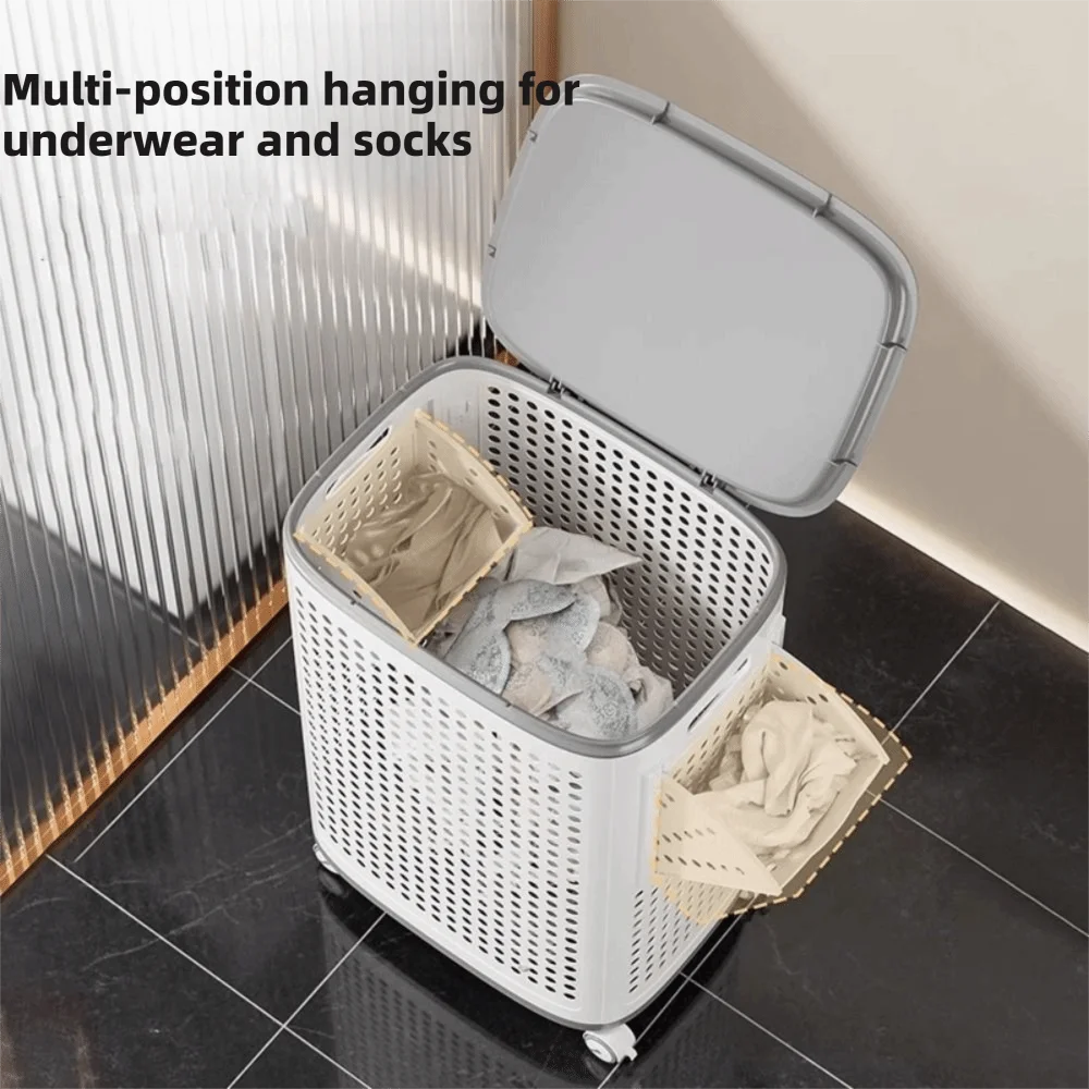 

Large Capacity Folding Dirty Clothes Basket Dust-proof Detachable Hollow Out Washing Baskets Plastic with Mute Wheels