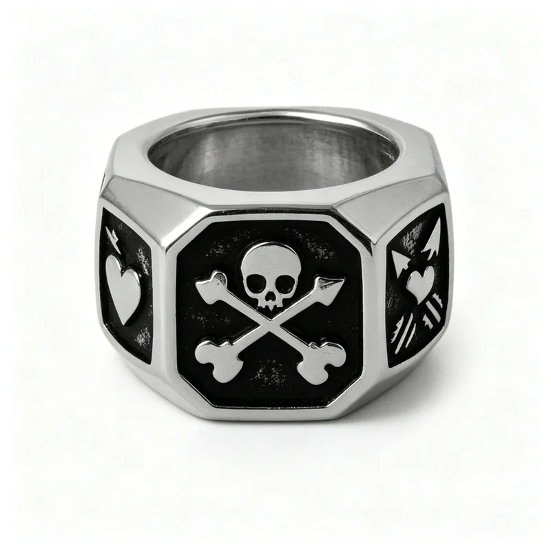 Octagon Skull Crossbones Ring Alloy Punk Gothic Statement Jewelry for Women Men Street Gift