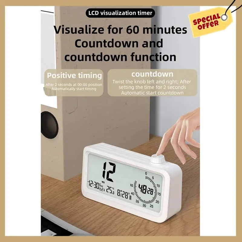 Будильник обратного отсчета, двойной дисплей, визуальный менеджер, будильник, ручка обнаружения температуры окружающей среды, дизайнерские часы, черный, прочный