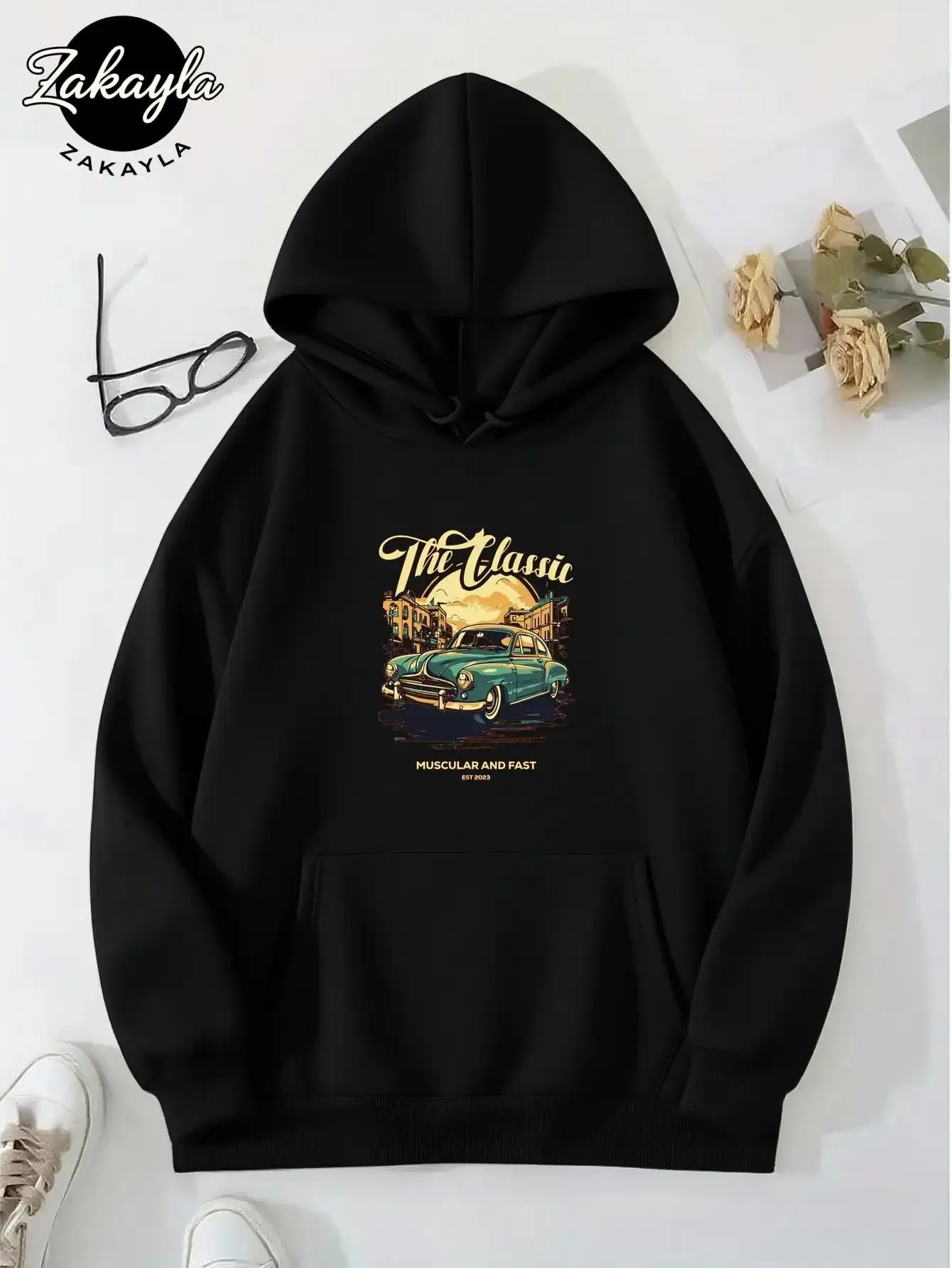 

Men's Vintage Classic Car Hoodie - 1950s retro car design with front pockets, unisex pullover hoodie