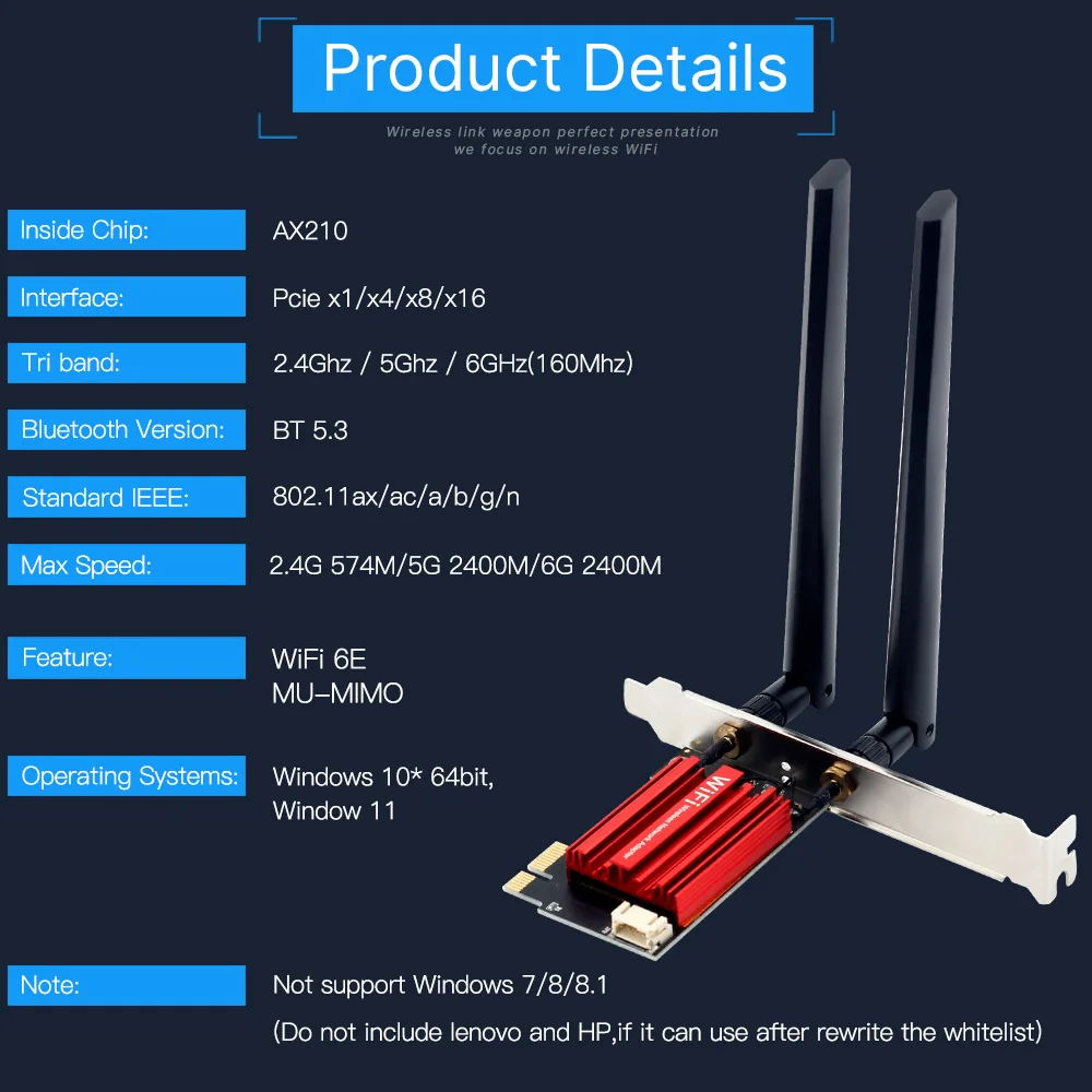 fenvi WiFi 6E AX210 PCI-E Wireless Adapter BT 5.3 Tri Band  2.4G/5G/6GHz  AX210 Network Wi-Fi Card 802.11ax/ac For Win 10/11 PC