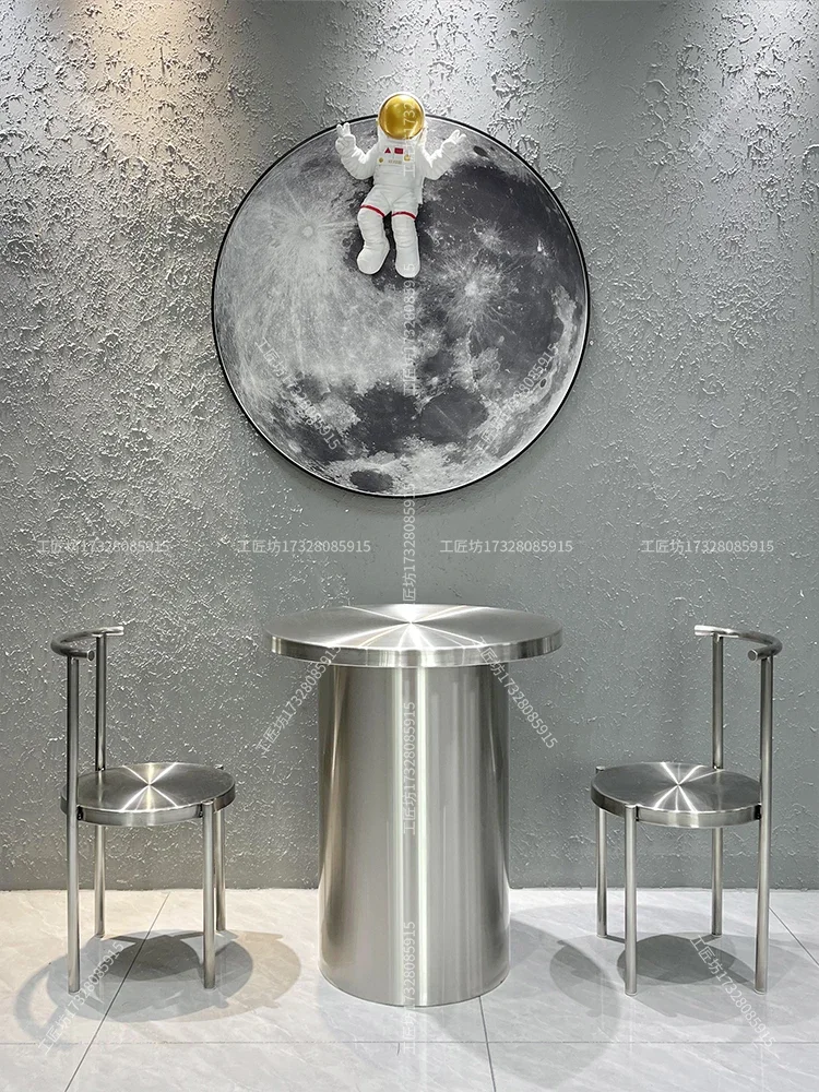 Industrial style milk tea dessert shop restaurant stainless steel barrel brushed commercial round table custom bar