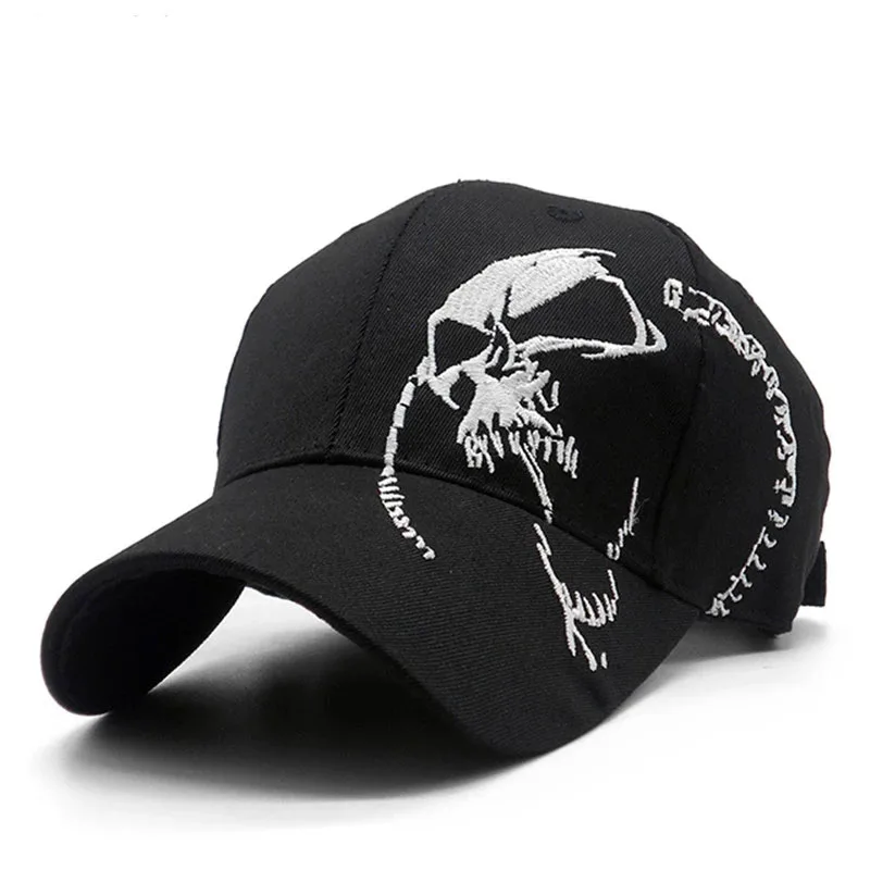 Boné crânio bordado para homens e mulheres, bonés de beisebol esportivo de algodão, padrão preto, snapback, boné masculino do exército, osso hip hop