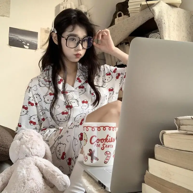 

Sanrio детские шорты с короткими рукавами из 2 предметов «Hello Kitty» для девочек, новый стиль, летние тонкие универсальные пижамы с мультяшным принтом, домашняя одежда