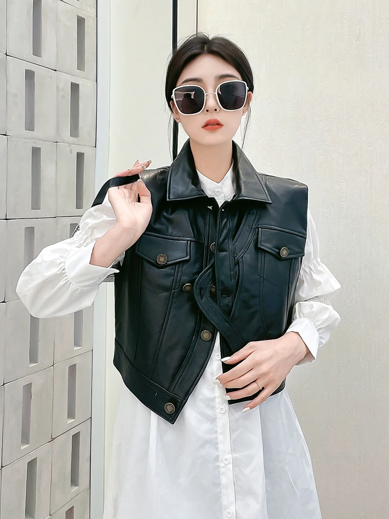 

Fall New Sle European eepskin Loose Women's Vest Pure Color Irregular Hemline Genuine Leather Jaet oulder Pad