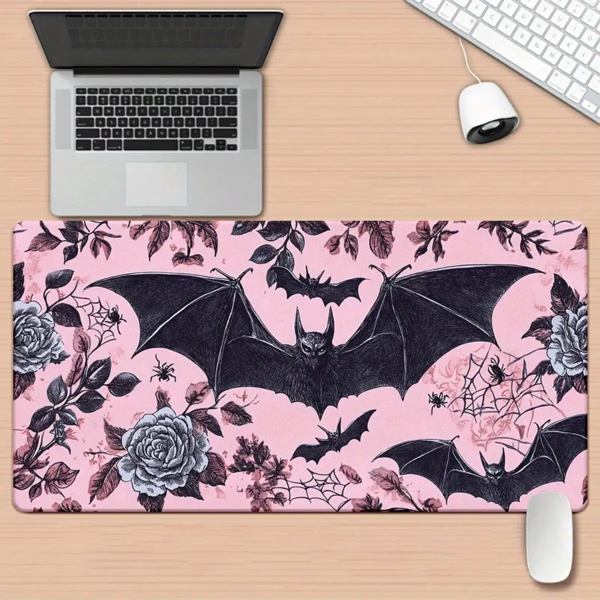 1pc, XXL Pink Gothic Bat Rose Design Printed Desk Pad - A Multifunctional Gaming Mouse Pad And Keyboard Mat, Ideal For Computer Offices, Featuring A Durable