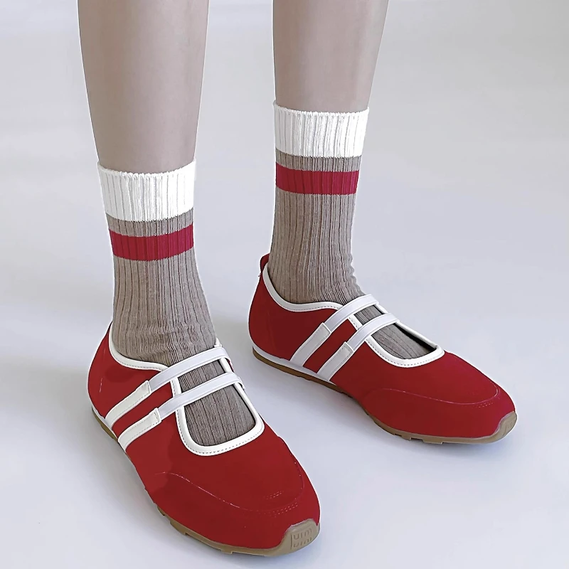 Striped Socks Women Autumn and Winter Korean Color Matching Middle Tube Socks Japanese Fashion Cotton Knitted Retro Long Socks