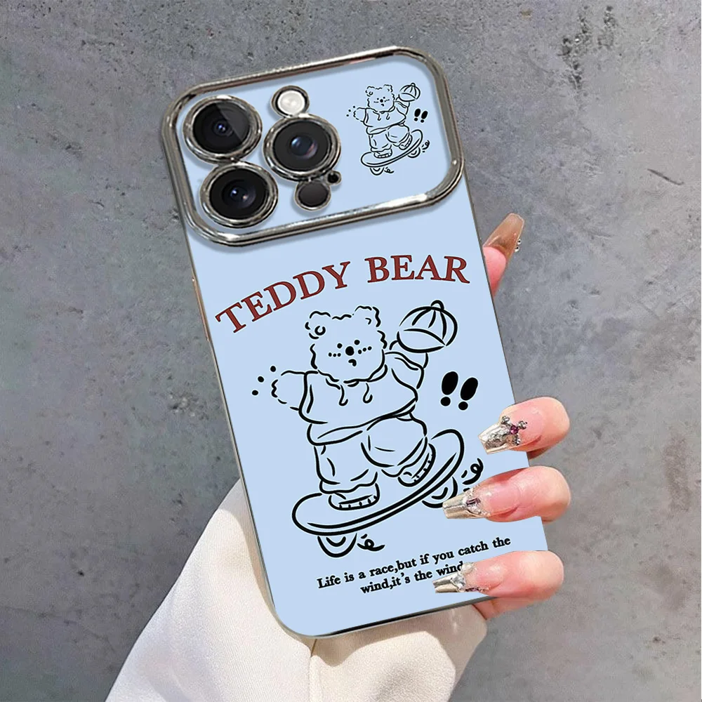 Cute Ins Skateboard Bear Cartoon Blue Electric Ferry Large Window Phone Case For IPhone 12 11 13 14 15 16 Max Pro Plus Shell