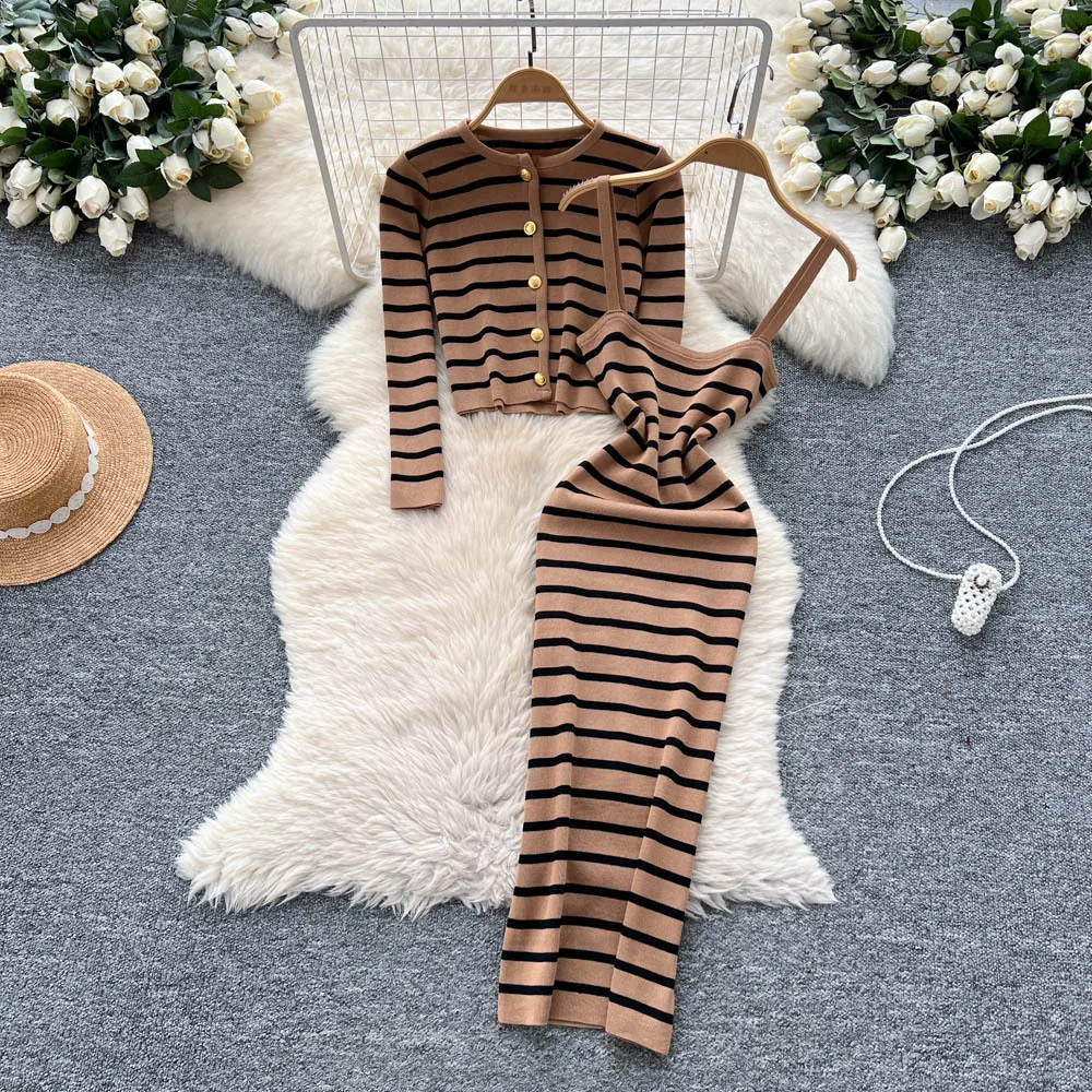 

Two Piece Sets Women Dress Set Round Neck Full Sleeve Knitted Coats Long Sling Dresses High Waist Y2k Streetwear Elegant