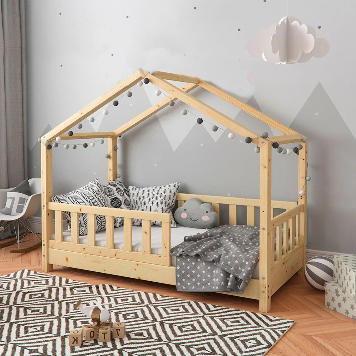 

Adorable Wooden Kid Bedroom Furniture House Shaped Children Bed Sturdy Wood Toddler Frame Beds