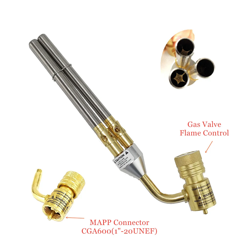 3 Pipes MAPP Gas Welding Torch, CE Certified HVAC Hand Brazing Burner for Soldering Quenching BBQ Heating