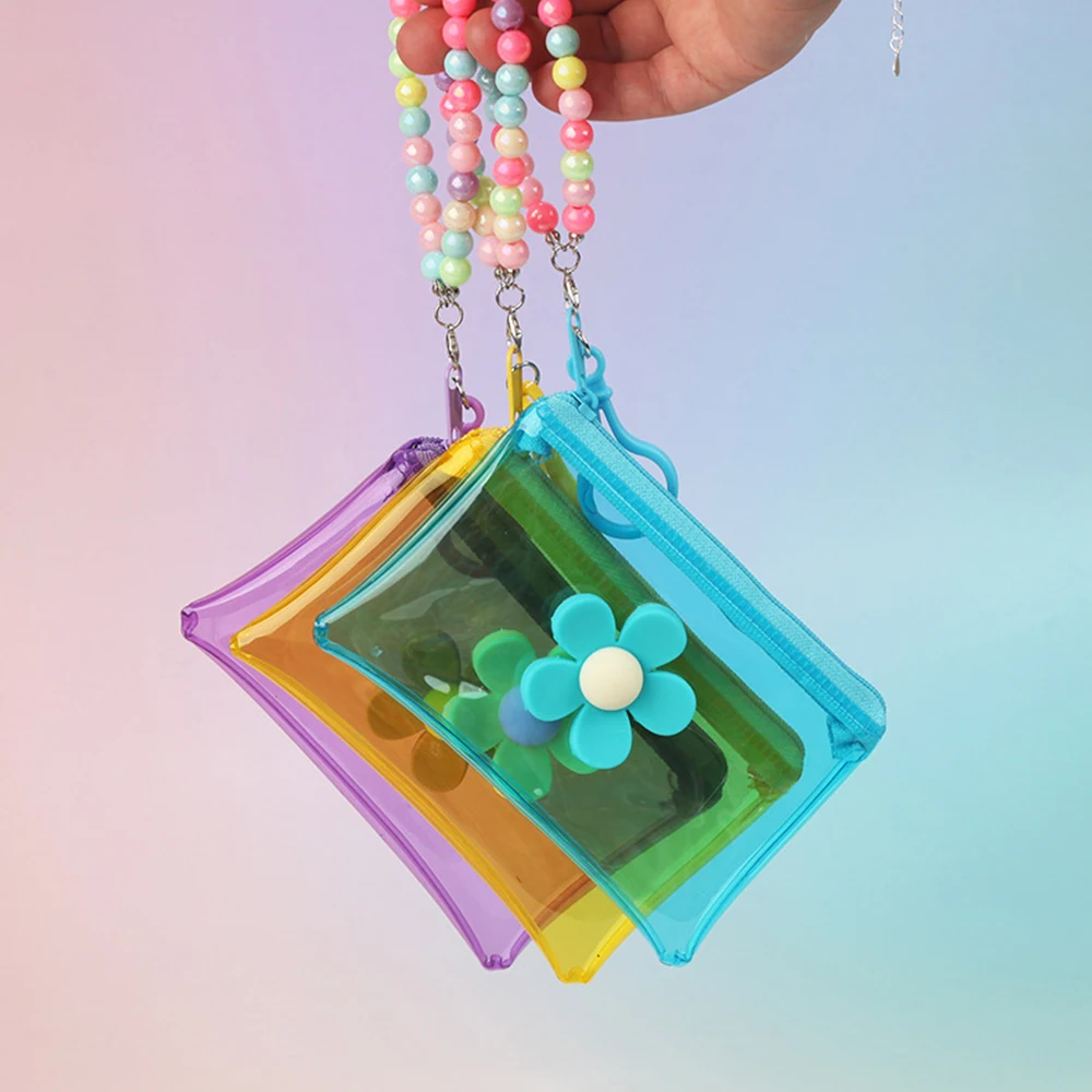 Hot Sale Flowers Coin Purse Card Holder Bag Wallet Storage Pouch Transparent Key Bag Pouch Zipper Portable PVC With Bead Chain