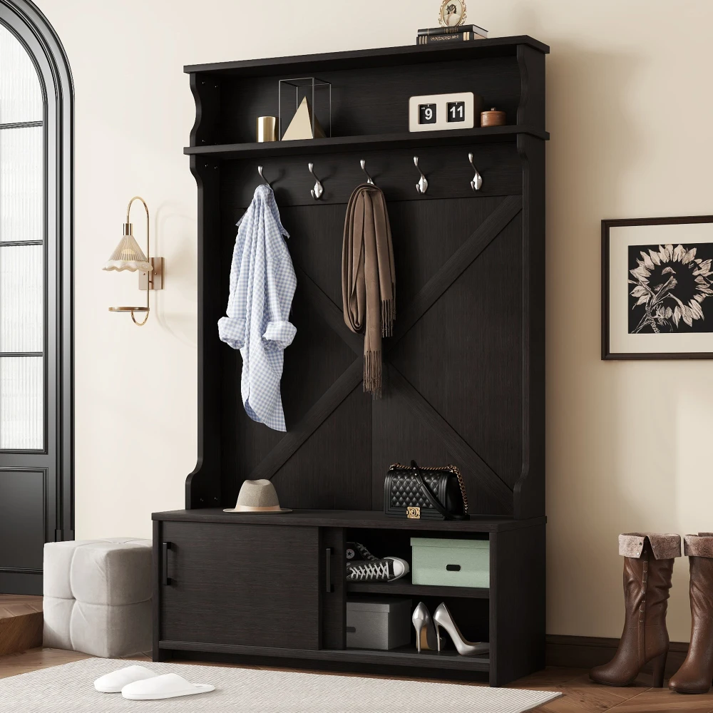 Hall Tree with Top Shelf & Storage Bench, Hallway Shoe Cabinet with Sliding Doors, Coat Rack with 5 Hooks, Ideal for Entryways