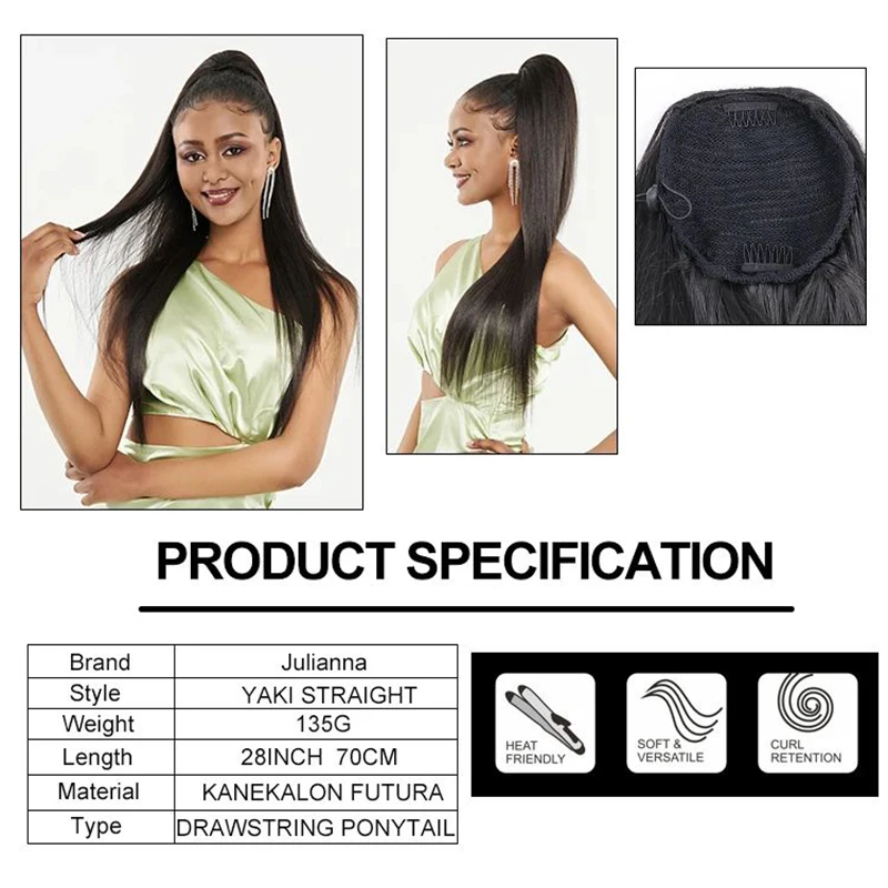 Julianna Synthetic Kanekalon 28Inch Yaki Straight Ponytail Clip In Ponytail Hair Extension Drawstring Ponytail Hair For Women