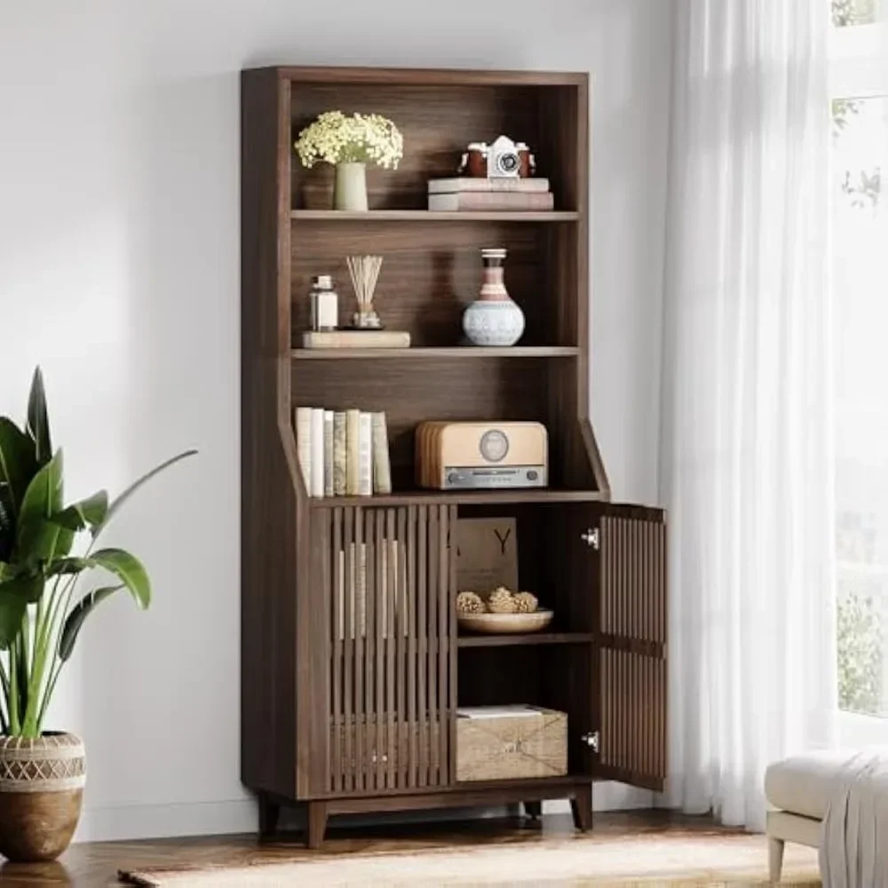 

Книжный шкаф с дверцами, 5-уровневая Высокая книжная полка с шкафом для хранения, деревянный книжный шкаф с регулируемой полкой