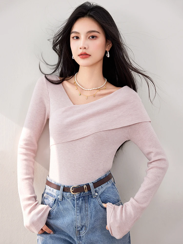 Women's Off Shoulder Knitted Sweater Autumn Design Sense Niche Solid Color Slim Fit Tops Casual Long Sleeved Pullover Tops