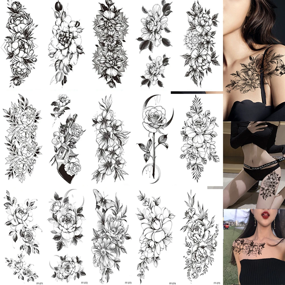 

100 Sheets Wholesales Beauty Body Arm Temporary Tattoos Flash Art Black Flower Rose Women Sleeve Waterproof Fake Tatoo Sticker