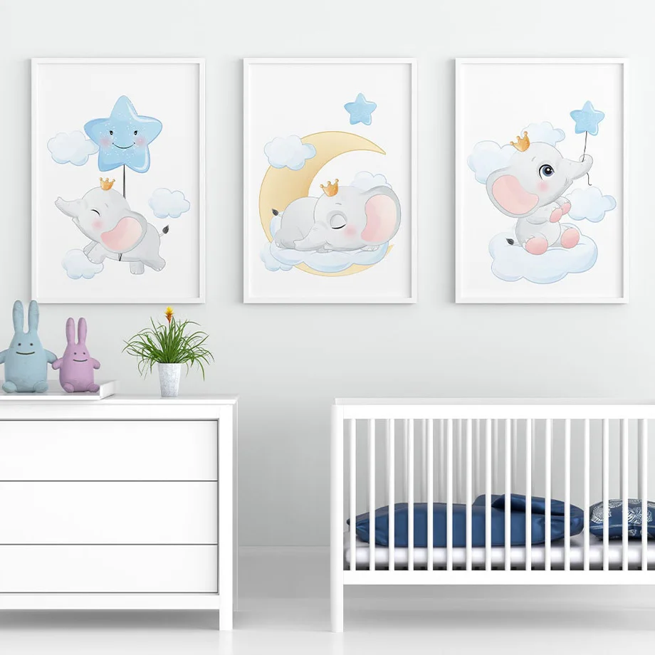 

Cartoon Moon Star Cloud Elephant Nursery Wall Art Print Canvas Painting Nordic Posters Wall Pictures Baby Kids Room Decor