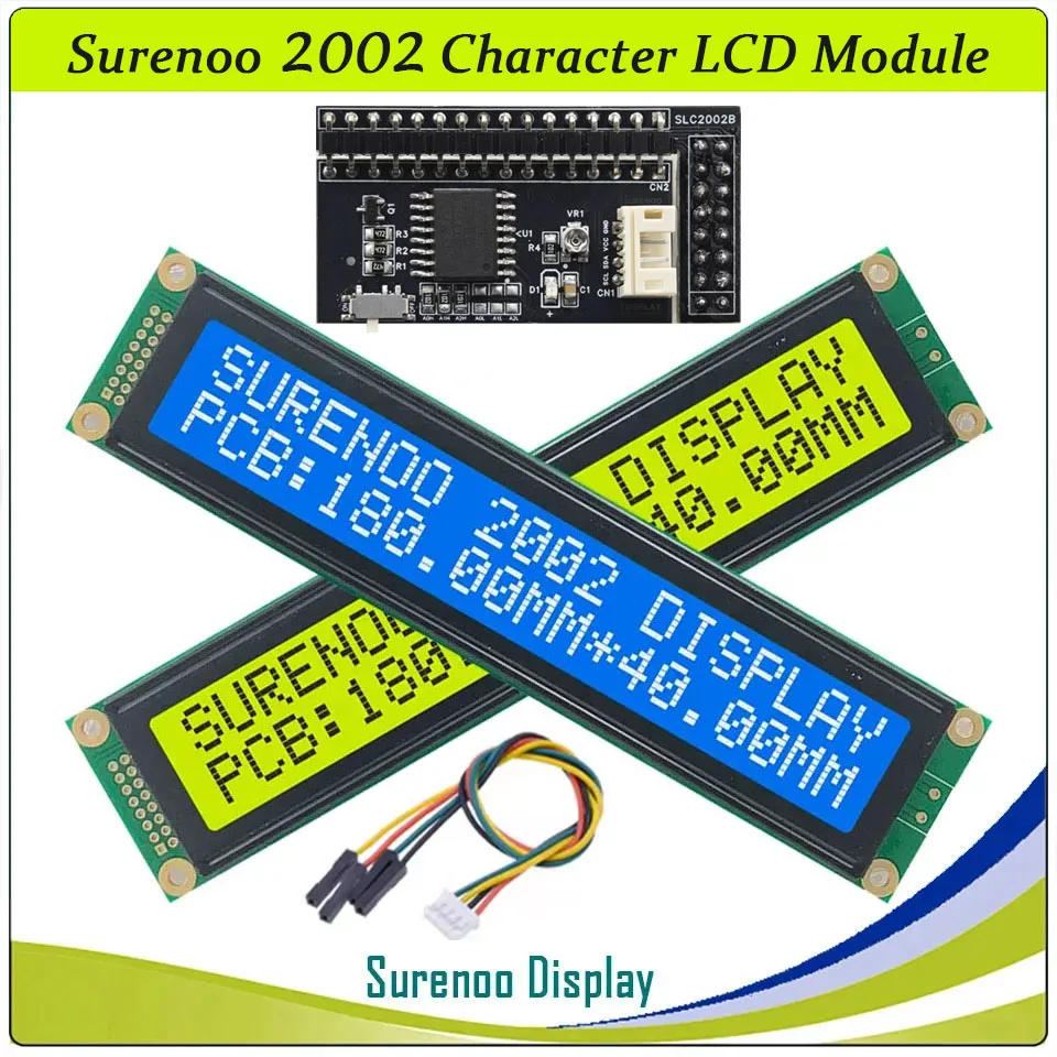 Surenoo 180*44MM Big Large Character 202 20X2 2002 PPI IIC LCD Module Display Screen LCM Yellow Green Blue LED Backlight