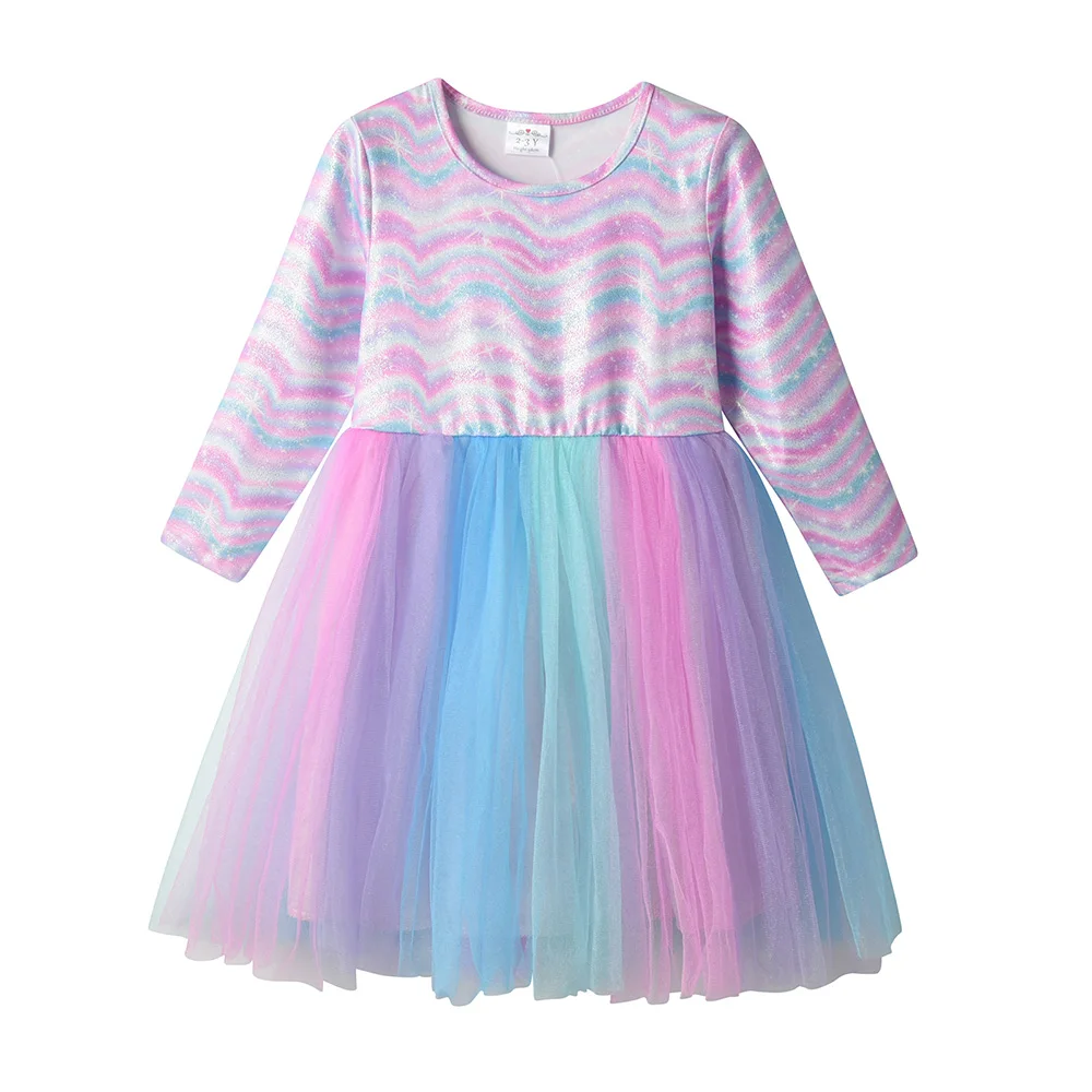 VIKITA Girls Long Sleeve Dress Soft Shimmer Wave Print Pastel Fluffy Tiered Tulle Party Casual Outfits Kids Elf Princess Clothes
