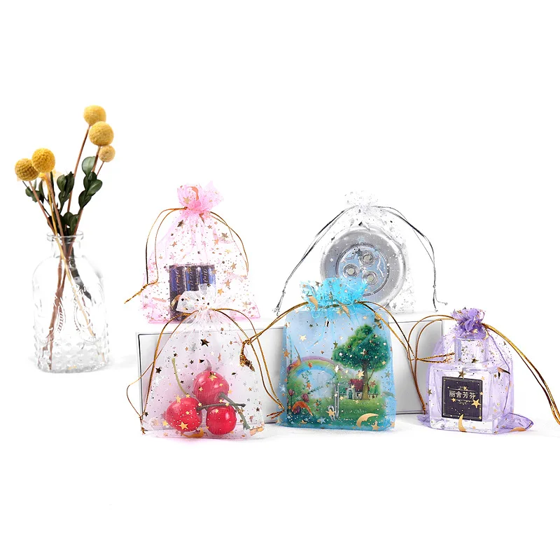 10pcs Moon And Star Organza Pouch Gold Gift Bags Christmas Wedding Party Bolsa Drawstring Sachet