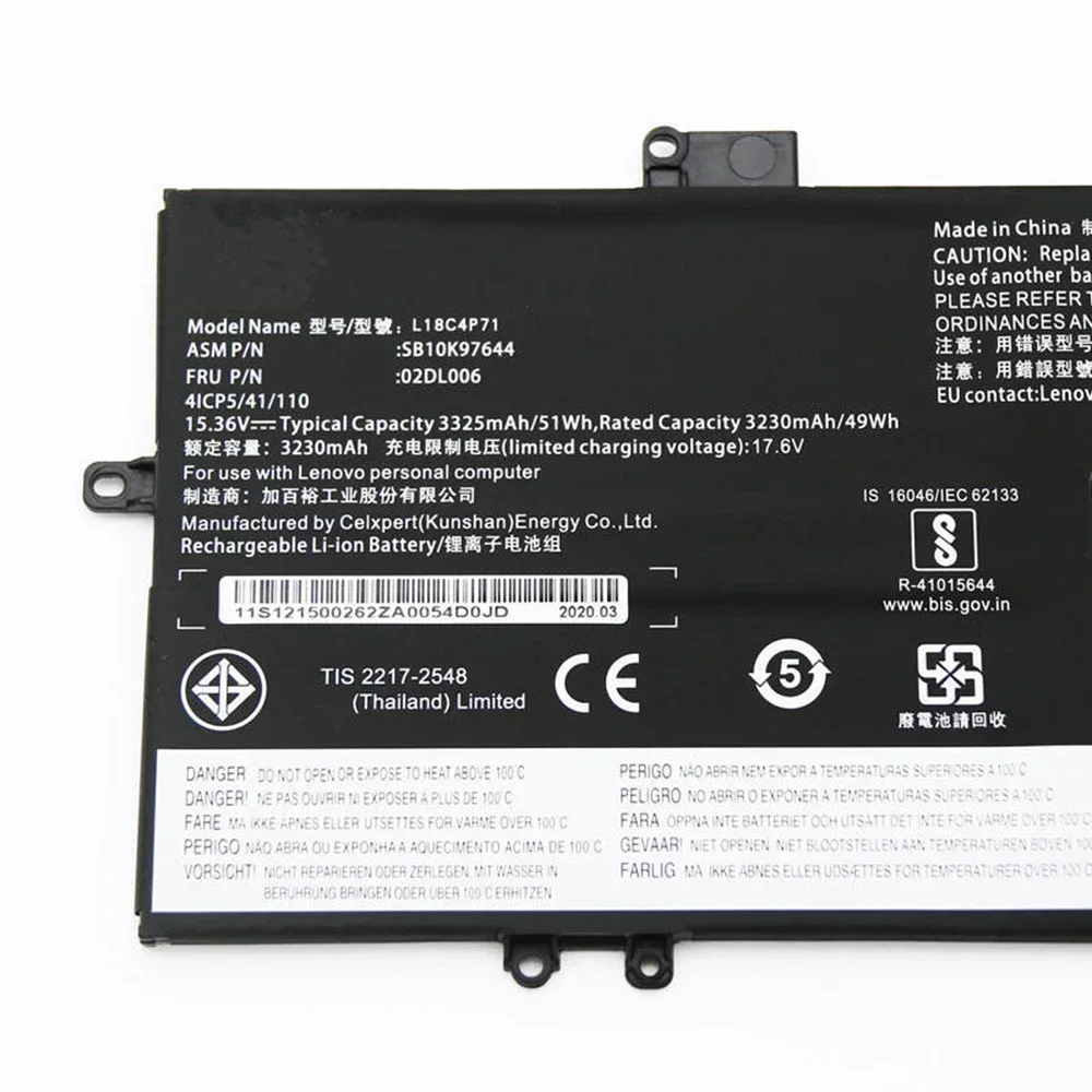 L18C4P71 15.4V 51Wh Original Laptop Battery for Lenovo ThinkPad X1 Carbon 7th GEN 2019 2020 L18M4P72 L18L4P71