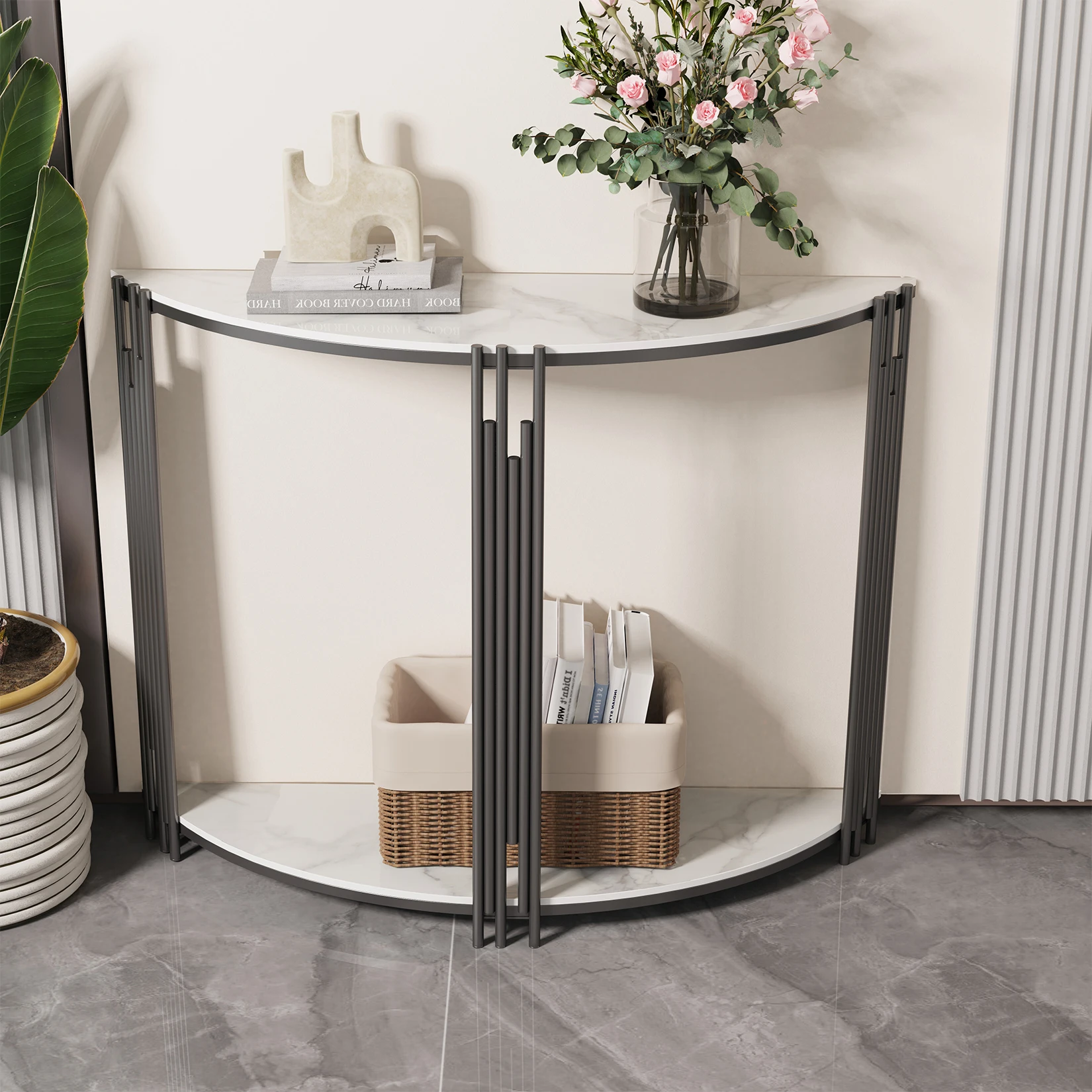Table console demi-lune LUVODI avec rangement, plateau en pierre frittée, table d'entrée semi-circulaire pour la décoration de la maison