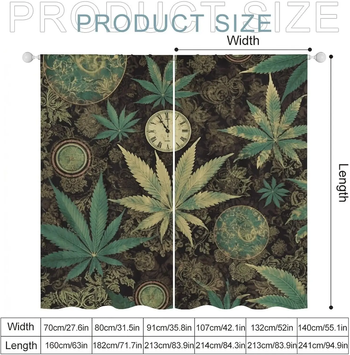 2pcs Vintage Cannabis Leaf Baroque Curtain Drapes Anti-Glare Time Clock Pattern for Living Room Home Decor