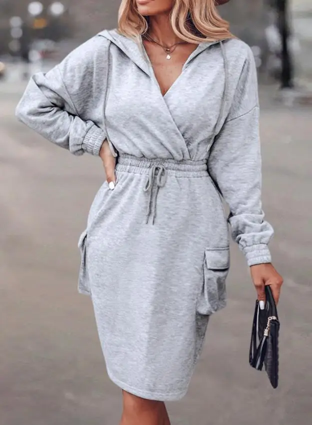 

Womens Dresses 2025 Spring Long Sleeve Sweatshirt Dress Drawstring Waist Hoodie Dress with Flap Pockets Pullover Casual Dress