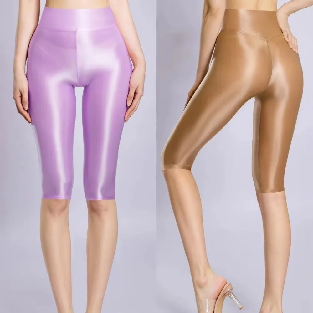 Thin Peach Hip Knee Length Shorts Elastic Shiny Tights Legging Booty Lifting Push Up Cropped Pants For Fitness Joggers