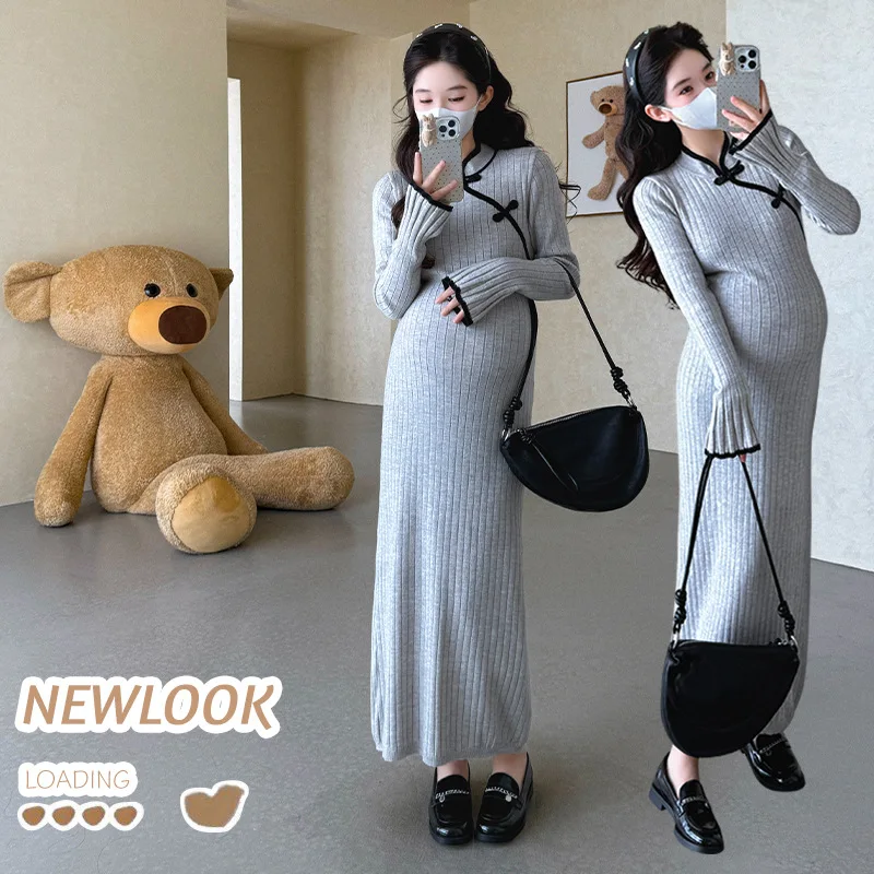 Maternity Dress 2026 Spring Autumn Retro Chinese Style Frog Button Cheongsam Knitted Dress Ethnic Style Slim Fit For Pregnancy