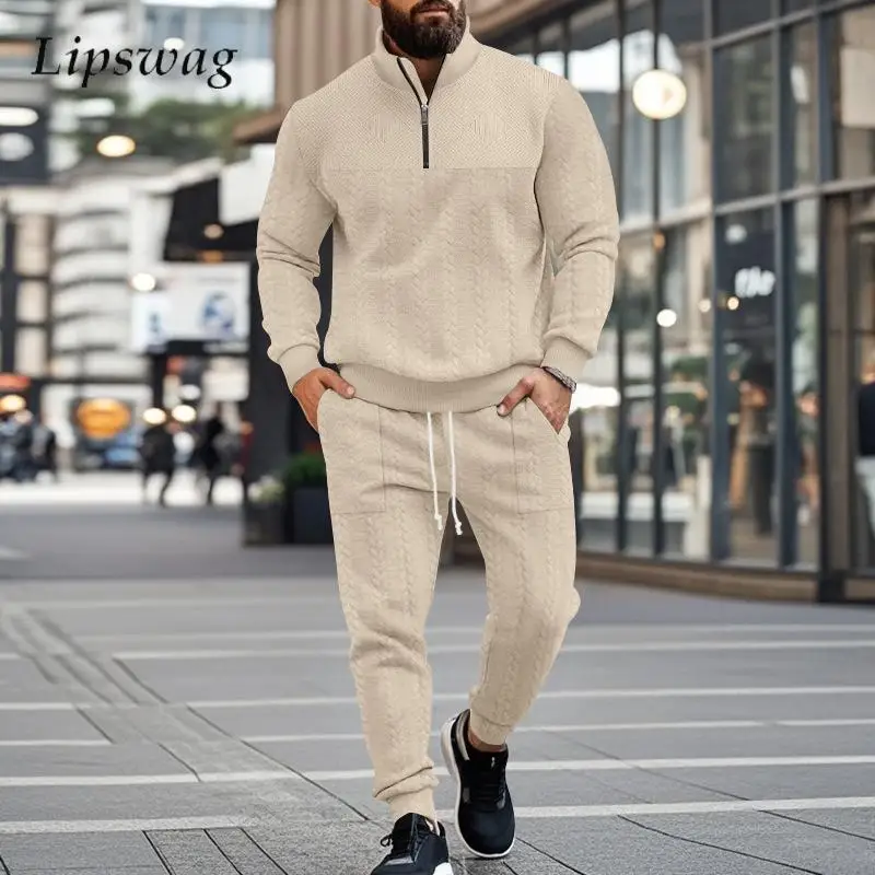 Fashion Jacquard Mens Sweatsuits Fall Winter Outdoor Casual Solid Color Sweatshirts And Pants Two Piece Sets For Men Tracksuits