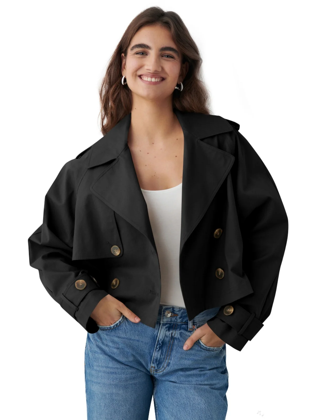 Double Breasted Office Lady Outerwears Women Cropped Trench Casual Coat Lapel Long Sleeve Short Jacket Fashion Loose Streetwear