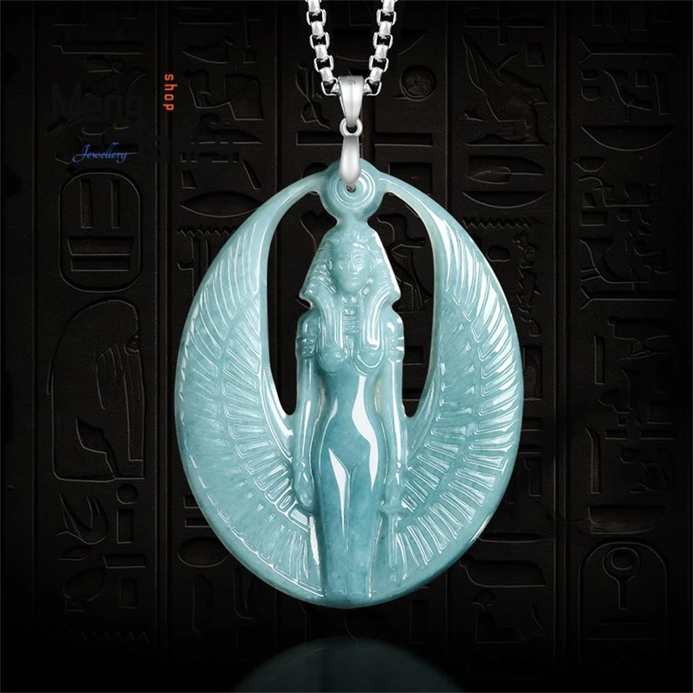 Natural A-grade Jadeite Blue Water Goddess Isis S925 Silver Button Ice Stone Pendant Couple Fashion Jewelry Holiday Gift Mascots