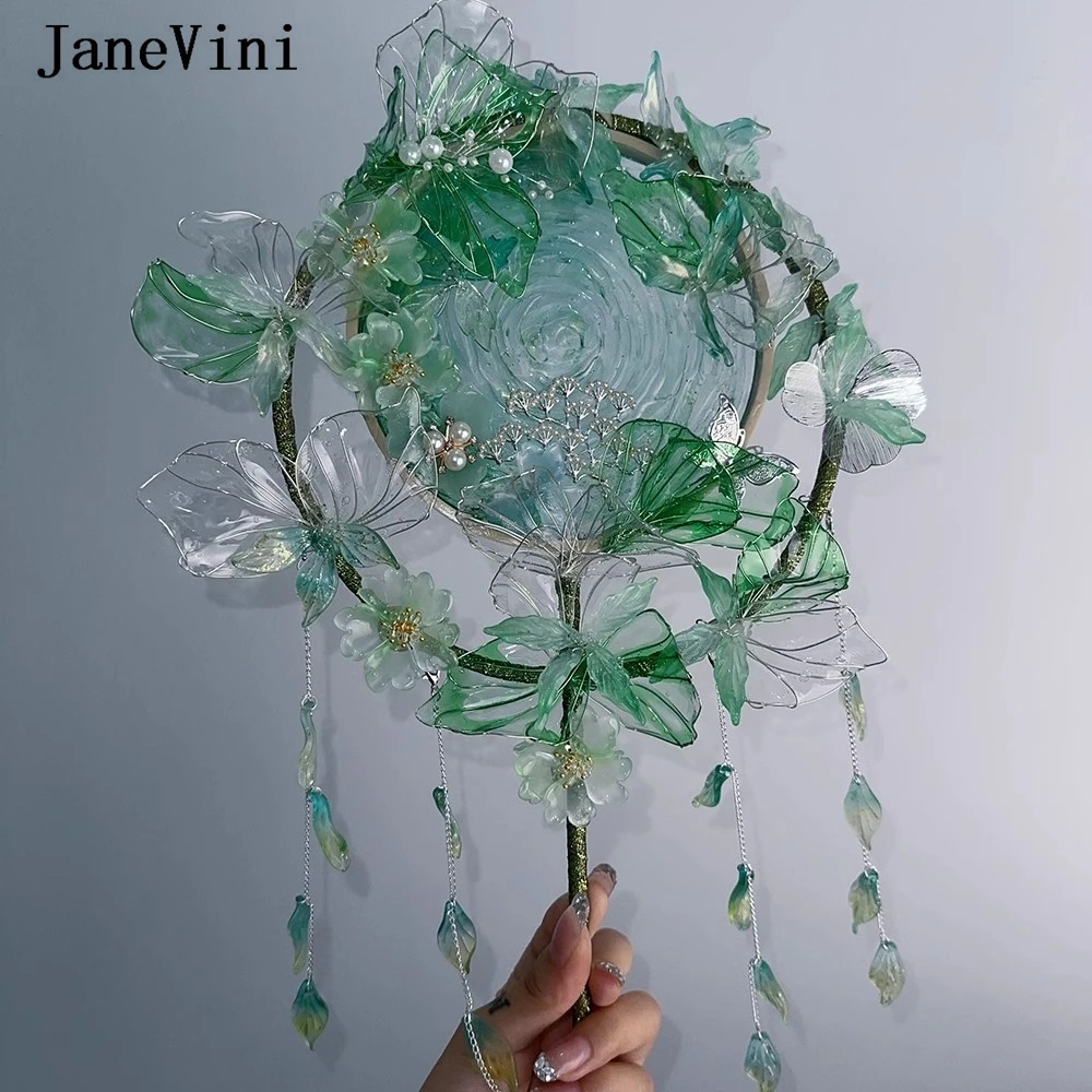 

JaneVini Chinese Style Green Bride Wedding Fan Handmade Tassel Pearl Beaded Bridal Flowers Bouquet Ancient Hanfu Hand Dance Fans