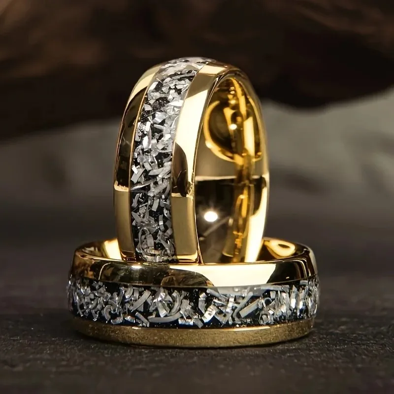 Gold Color Inlay Meteorite Abalone Shell Ring Fashion 8mm Men Stainless Steel Rings For Men Wedding Engagement Band Jewelry Gift