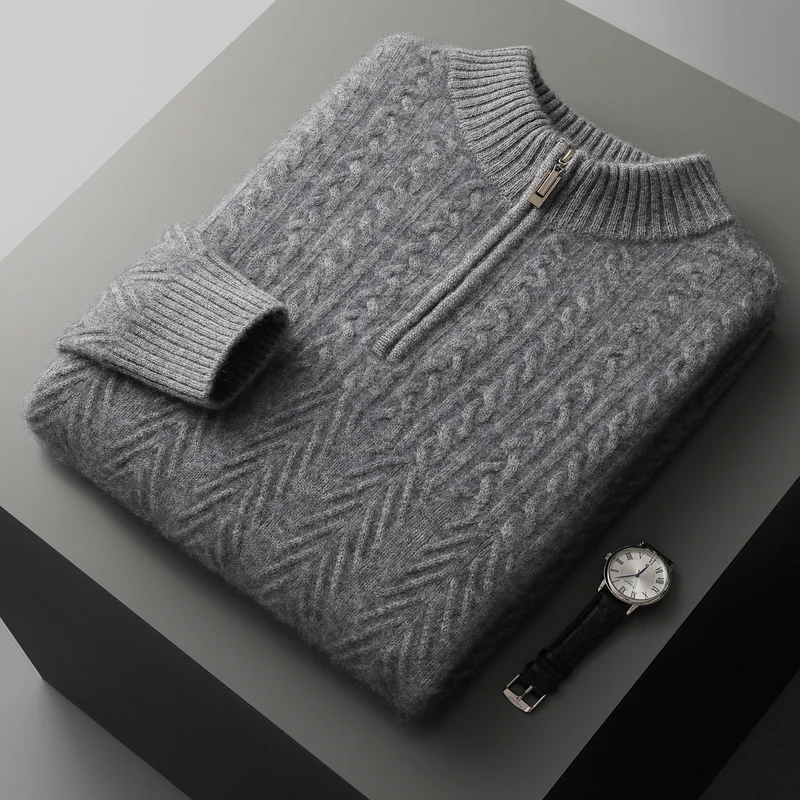 Pulôver clássico de negócios masculino 100% caxemira grosso cabo-malha meia zip camisola outono inverno quente macio e confortável malha topos