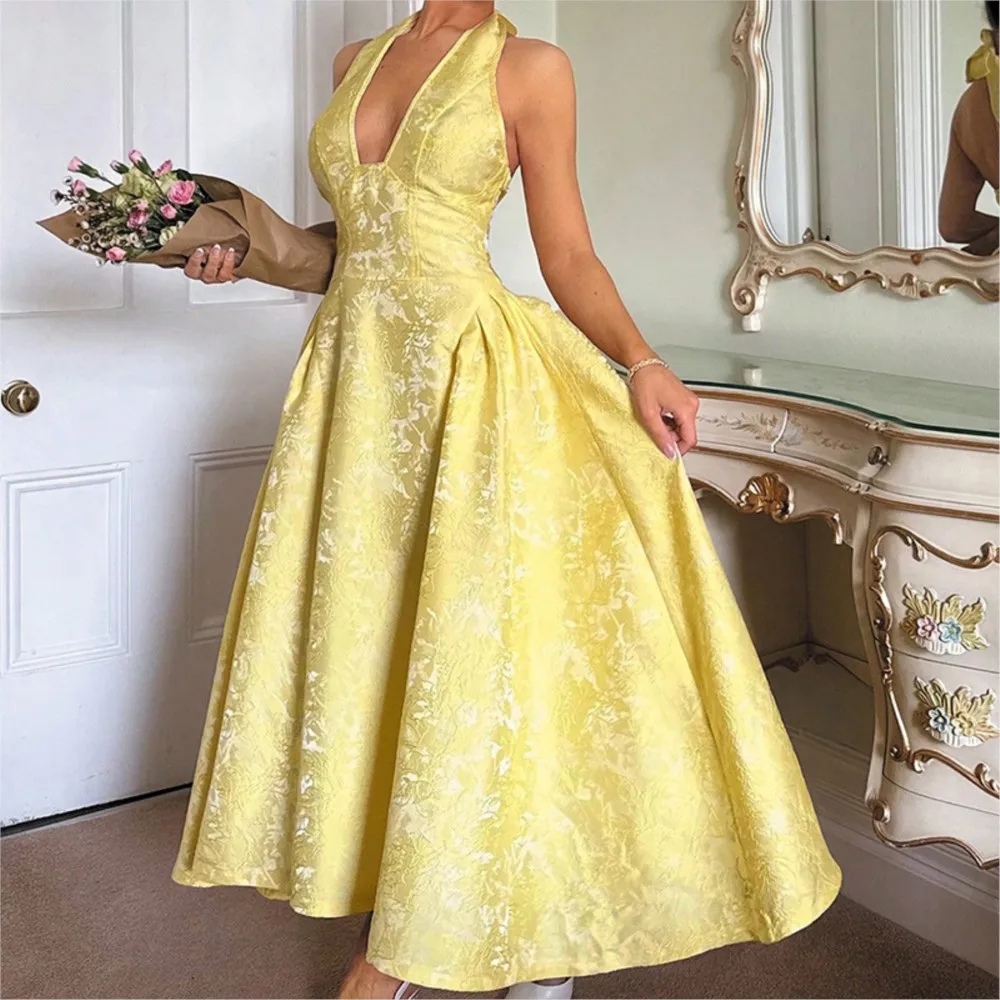 

Retro Three-dimensional Embossed Pattern Dress Summer Women's Sexy V-neck Sleeveless Backless Halter Neck Long Dress Ropa Mujer