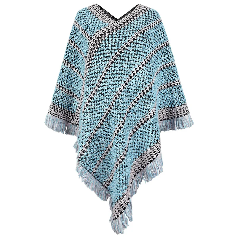 

Autumn Winter New Style Color Contrast Striped National Style Tassel Pullover Cloak Poncho Lady Capes Blue Cloaks