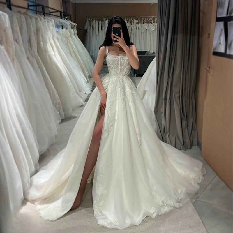 

Romantic Wedding Dress Split Embroidered Lace On Net With A-Line Floor Length Ballgown Square Collar Sleeveless Customized Bride