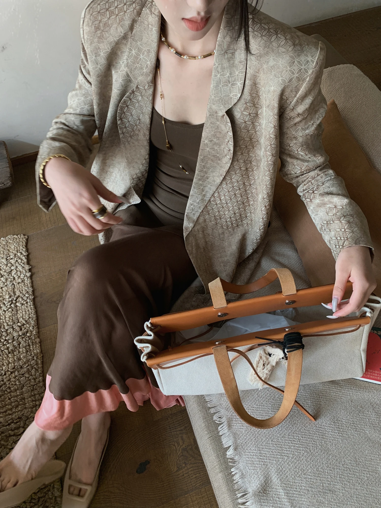 

High Quali Linen Blend Plaid Printed Casual Sle Women's Suit Jaet ASM ANNA Straight Cut Loose Fit Long Sve Button up