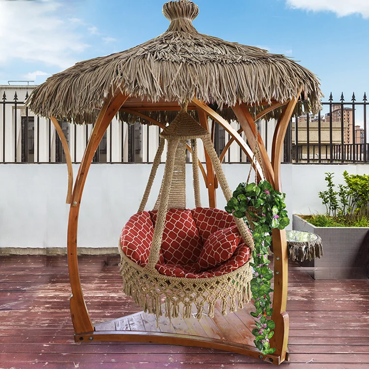 Outdoor Furniture Rattan Wicker Thatch Roof Straw Rope Bird Nest Double Seat Hanging Patio Wooden Swing