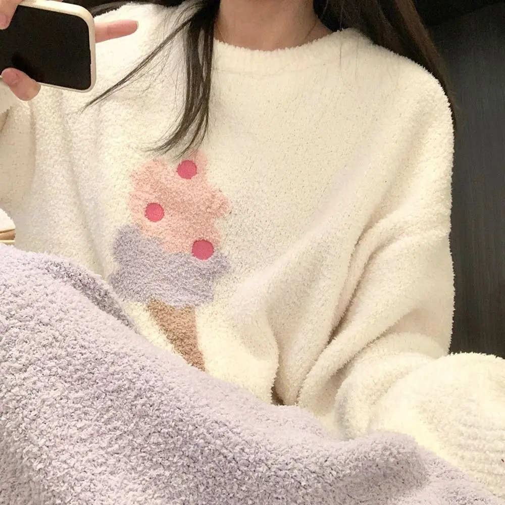 Zestaw piżamy z polaru z motywem konia, długi rękaw, kawaii, gruby, ciepły strój do spania, odzież domowa, luźny komplet piżam z kreskówkami dla dziewczynki.