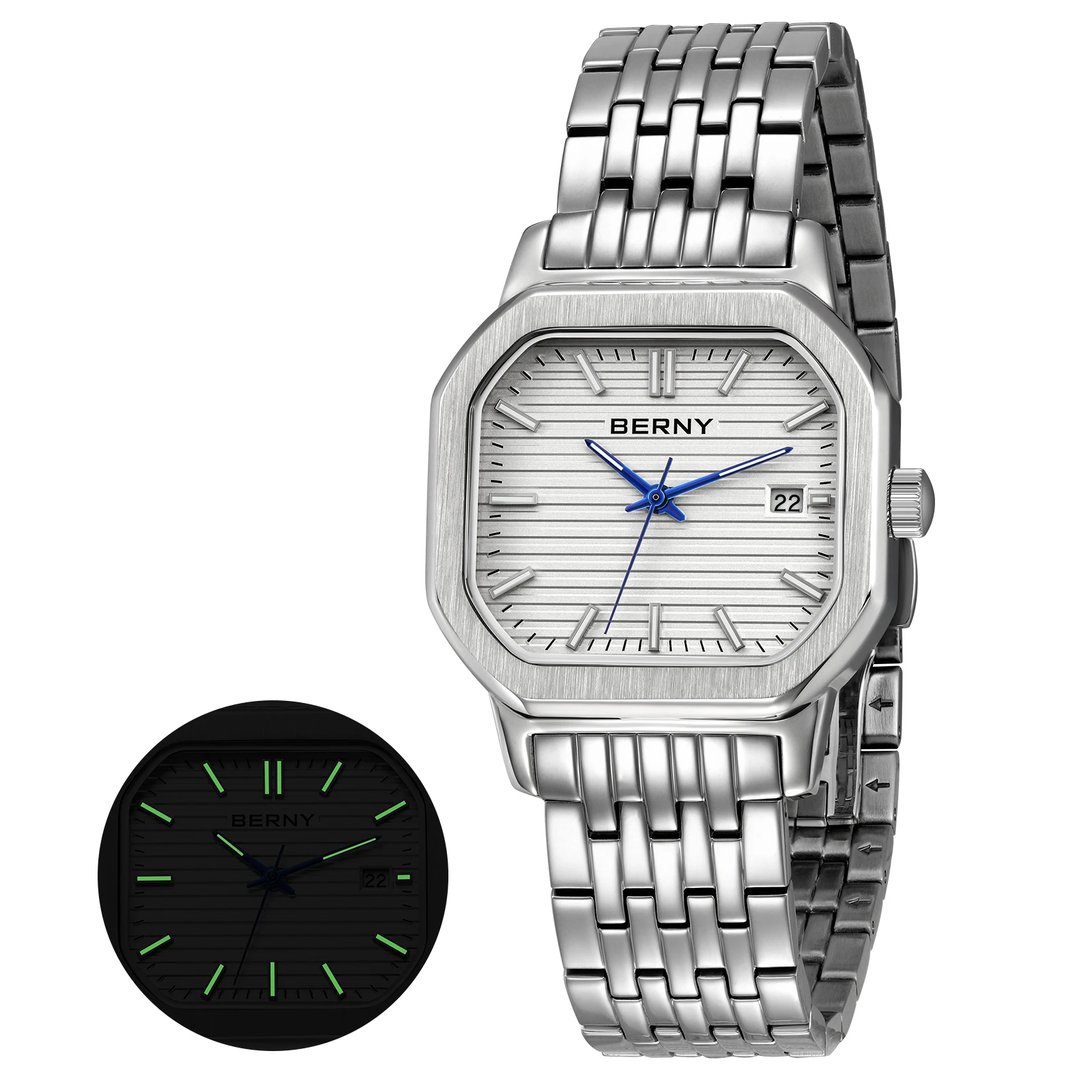 BERNY Watches for Men Fashion Casual Date Luminous Quartz Dress Men's Watch Elegant Rectangle Dial Calendar Business Wristwatch