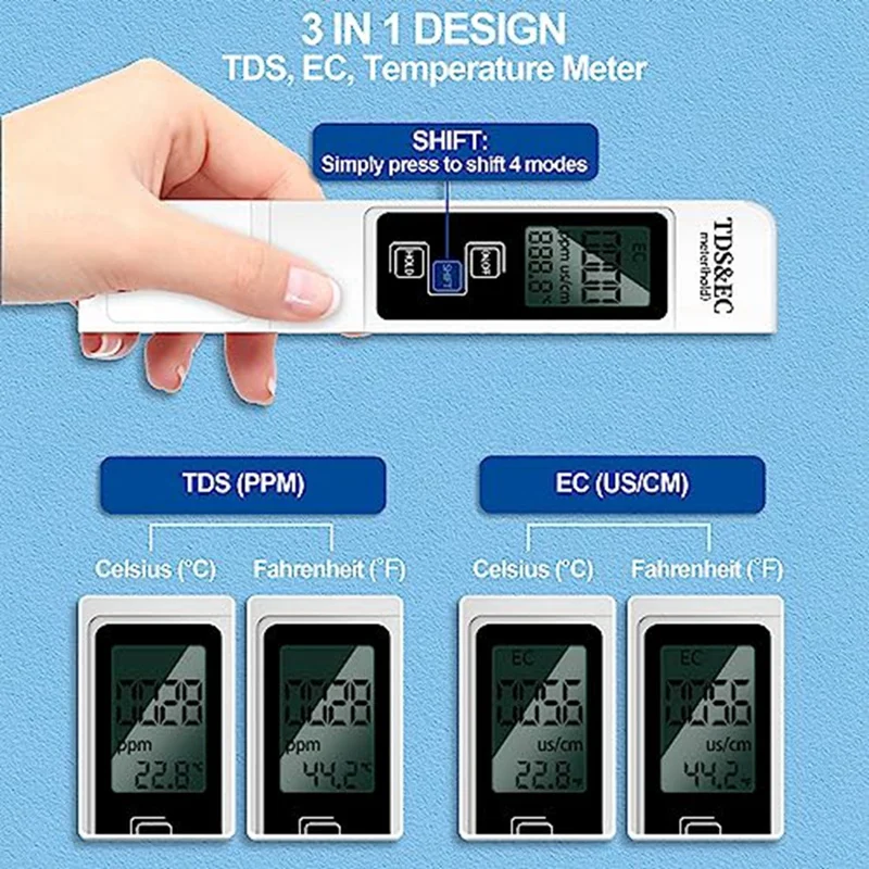 Pengukur TDS Digital 3-In-1, penguji Air TDS, temperatur dan EC untuk hidroponik, air minum