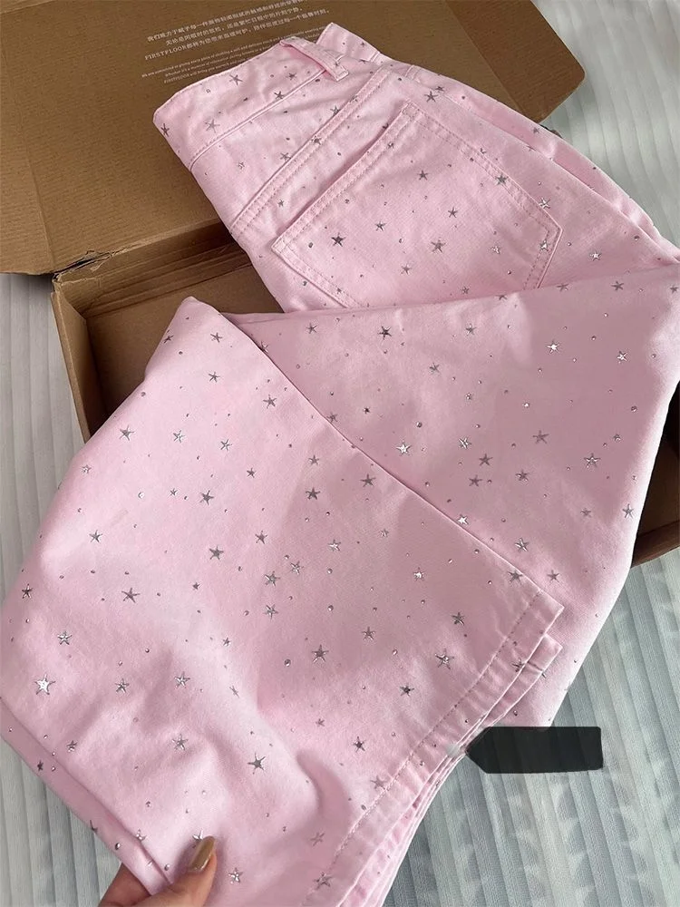 

plus Size High Waist Wide Leg Pink Denim Pants Women Summer 2025 New Sle Star Emed Loose Floor-Length Trousers