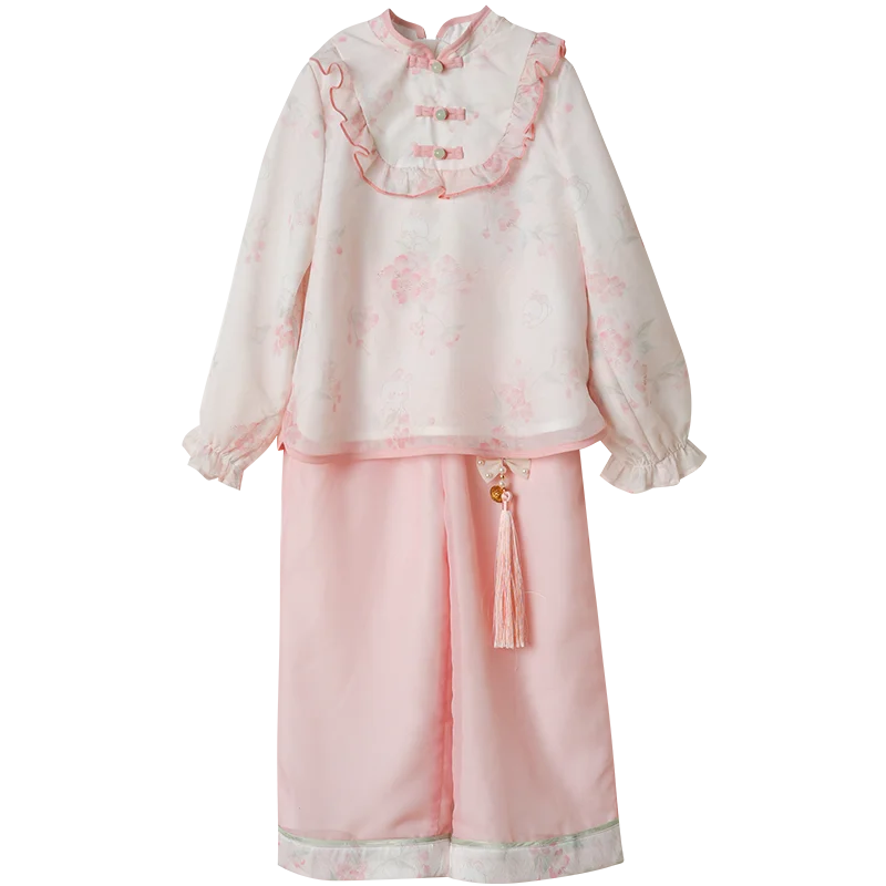 مجموعة ملابس على الطراز الصيني هانفو للفتيات الصغيرات ، بدلة تانغ محسنة للأطفال ، بنطلون وردي ، ملابس قديمة للفتيات الصغيرات ، الربيع والخريف