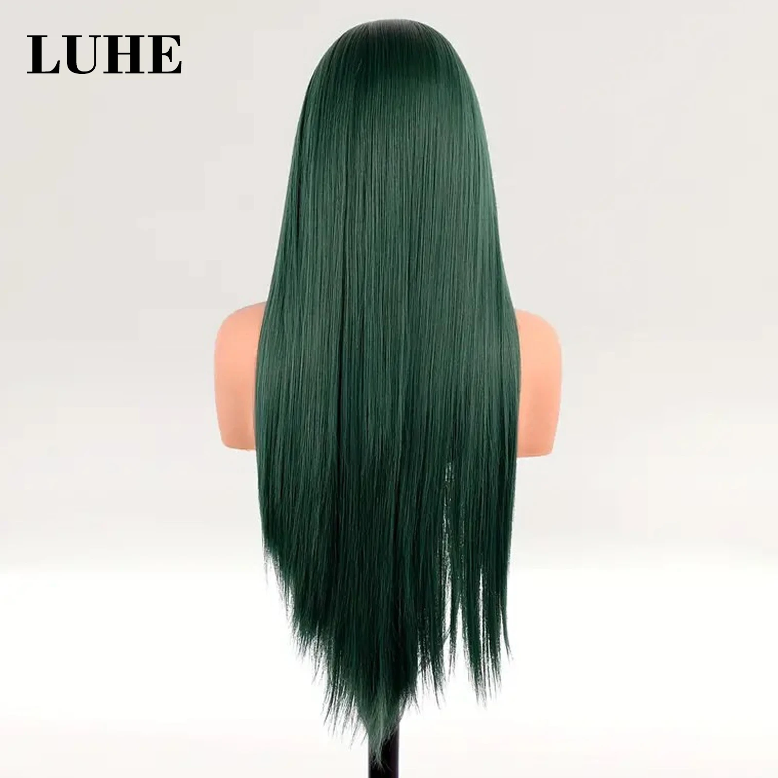 Verde escuro sintético 13x3 peruca dianteira do laço para preto feminino cosplay 26 Polegada longa reta laço frontal peruca de cabelo de fibra resistente ao calor